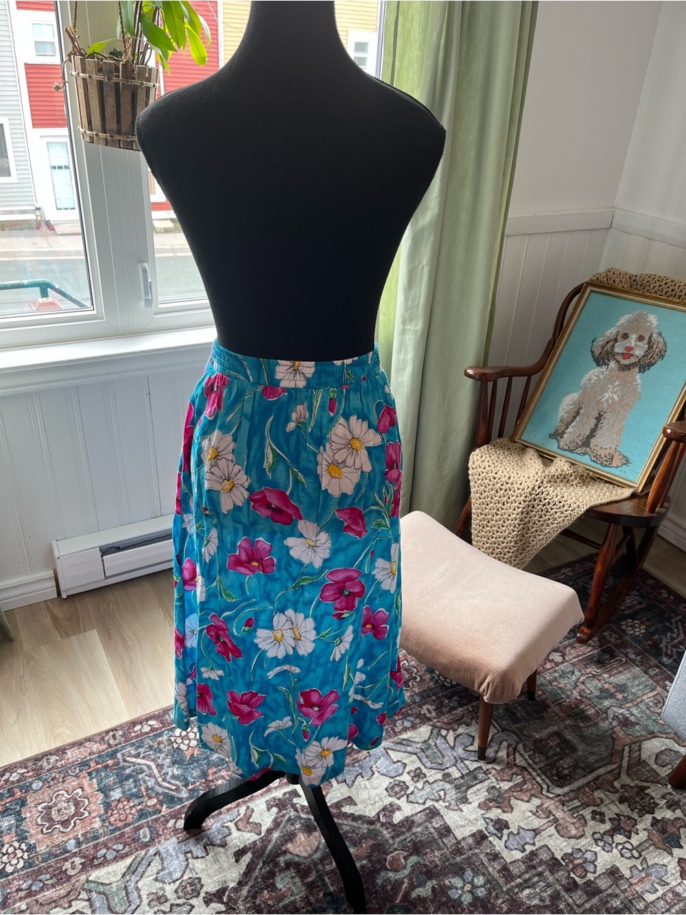 Women’s Vintage Floral A-Line Midi Skirt in Teal with Flowers Summer M 28” W